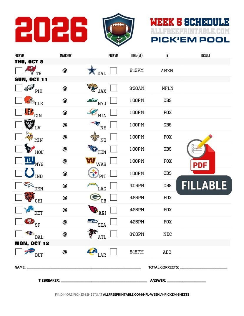 Free Printable NFL Week 5 Pick'em Sheet 2026 (PDF Schedule & Picks)