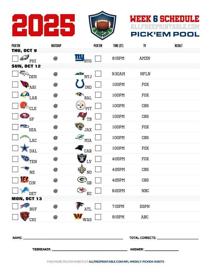Free Printable NFL Week 6 Pick'em Sheet 2025