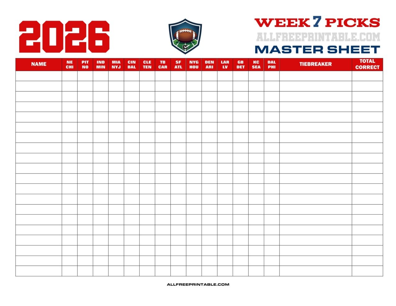 Free Printable NFL Week 7 Pick'em Master Sheet 2026 PDF