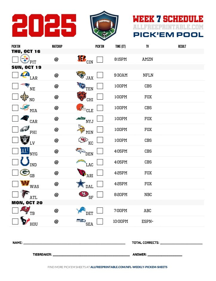 Free Printable NFL Week 7 Pick'em Sheet 2025