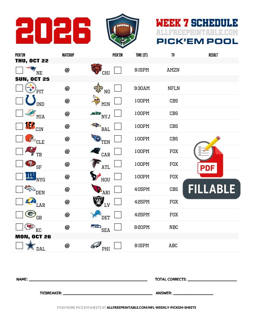 Free Printable NFL Week 7 Pick'em Sheet 2026 (PDF Schedule & Picks)