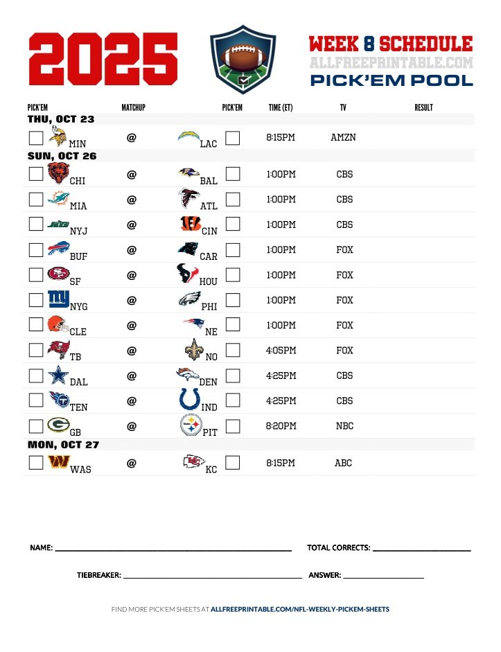 Free Printable NFL Week 8 Pick'em Sheet 2025