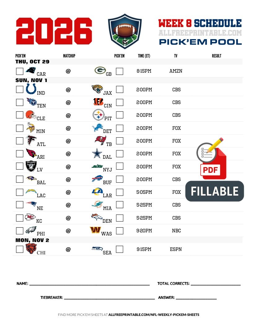 Free Printable NFL Week 8 Pick'em Sheet 2026 (PDF Schedule & Picks)