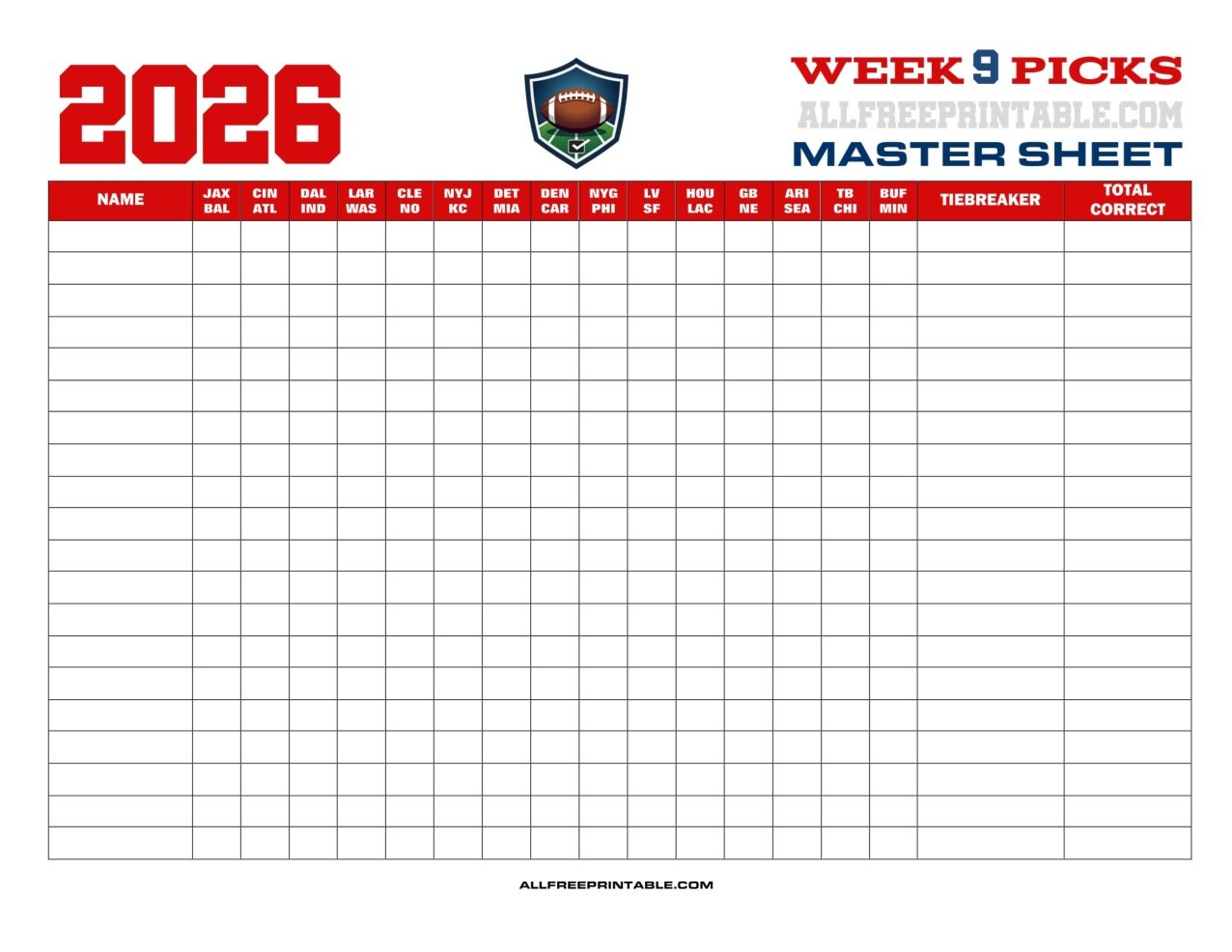 Free Printable NFL Week 9 Pick'em Master Sheet 2026 PDF