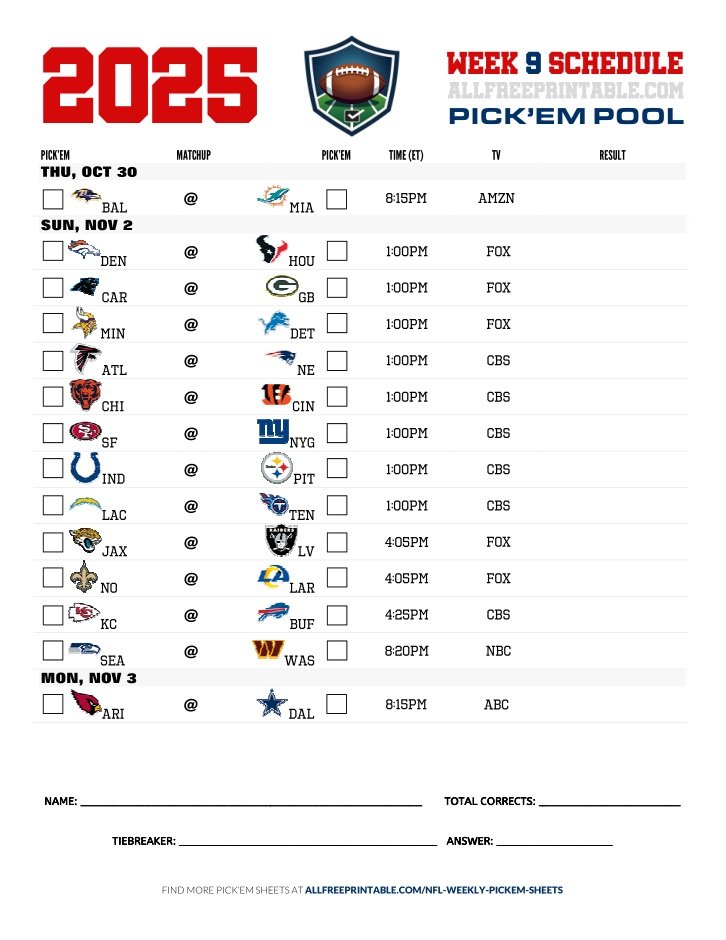 Free Printable NFL Week 9 Pick'em Sheet 2025