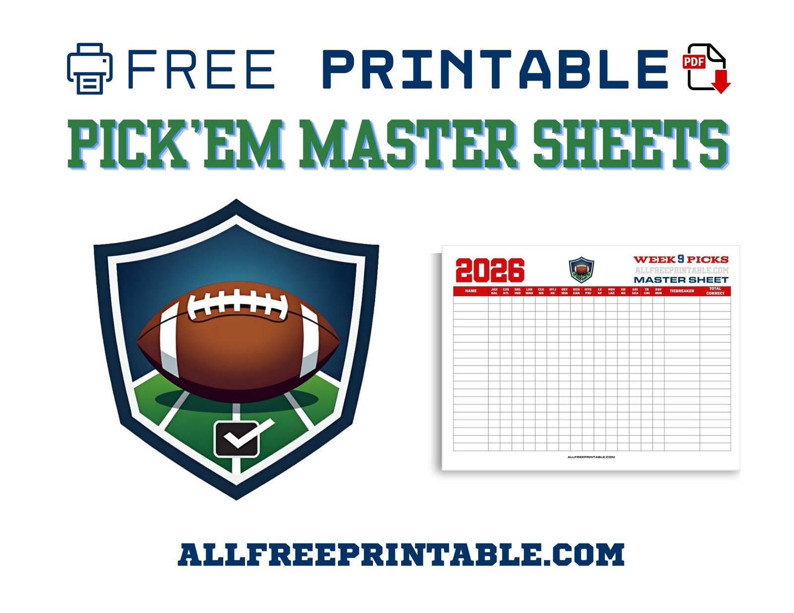 Free Printable NFL Weekly Pick'em Master Sheet 2026 PDF