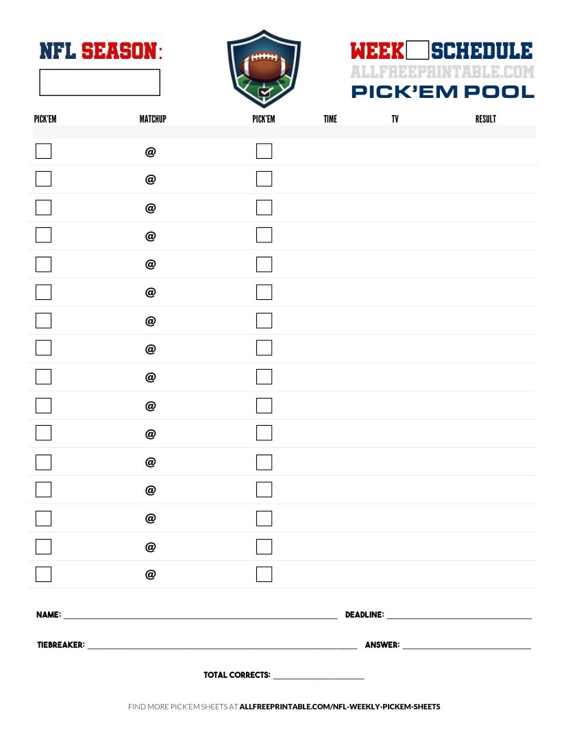 Free Printable NFL Weekly Pick'em Sheet Blank Template PDF