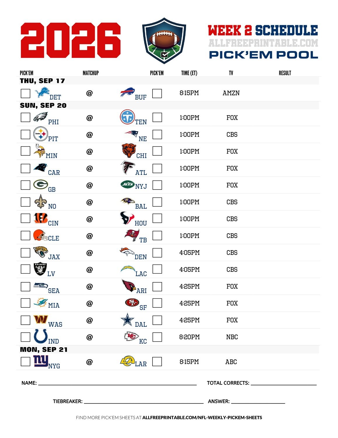 Free Printable NFL Week 2 Pick'em Sheet 2026 PDF