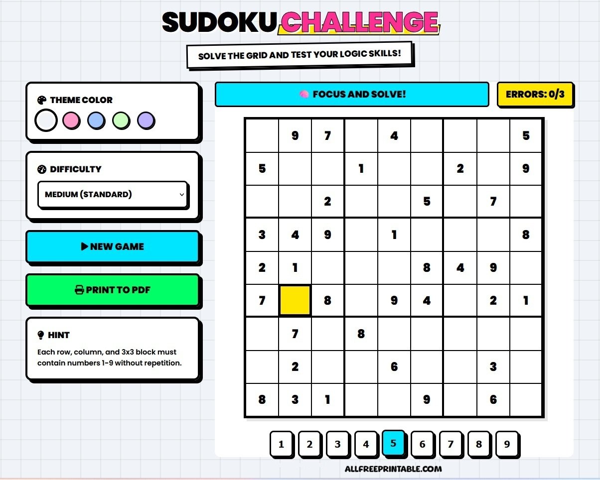 Play Free Sudoku Online and Print PDF Puzzles