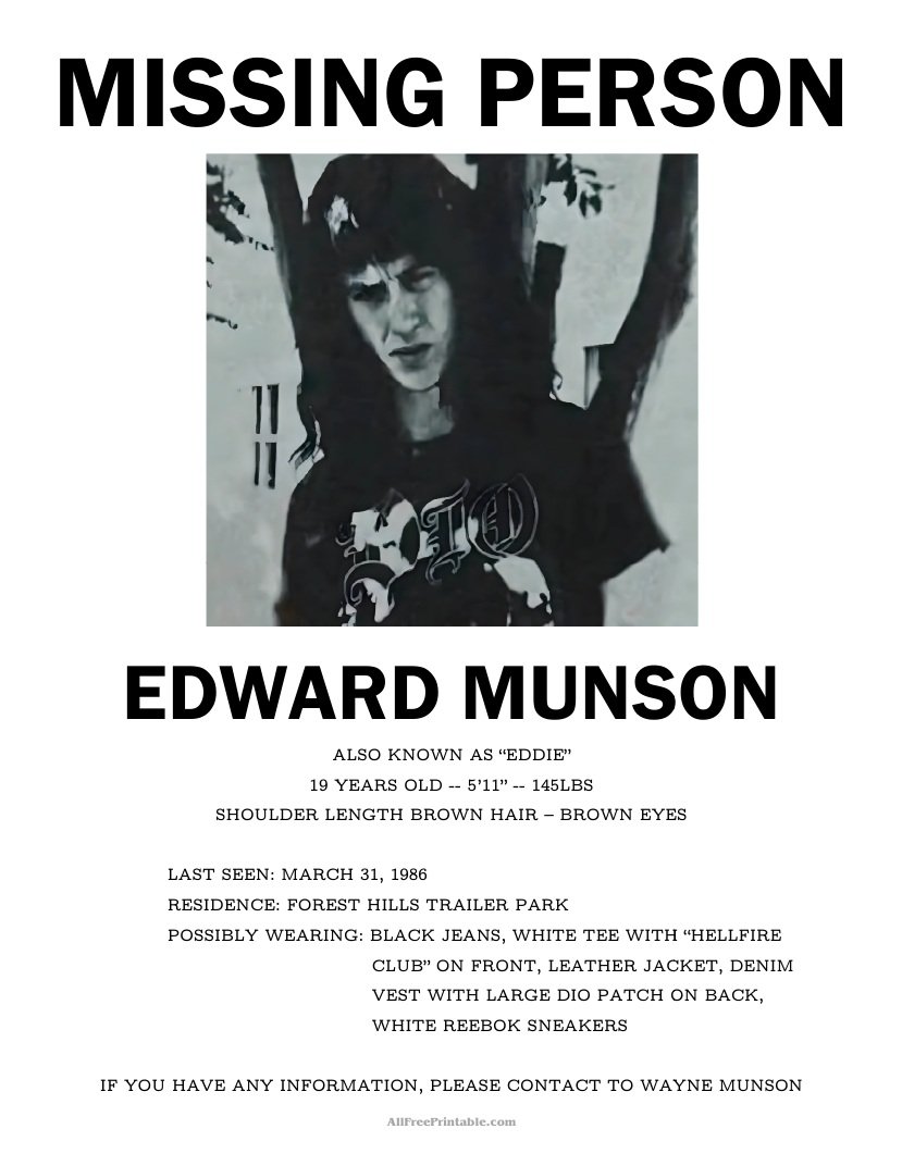 Free Printable Stranger Things Missing Eddie Poster