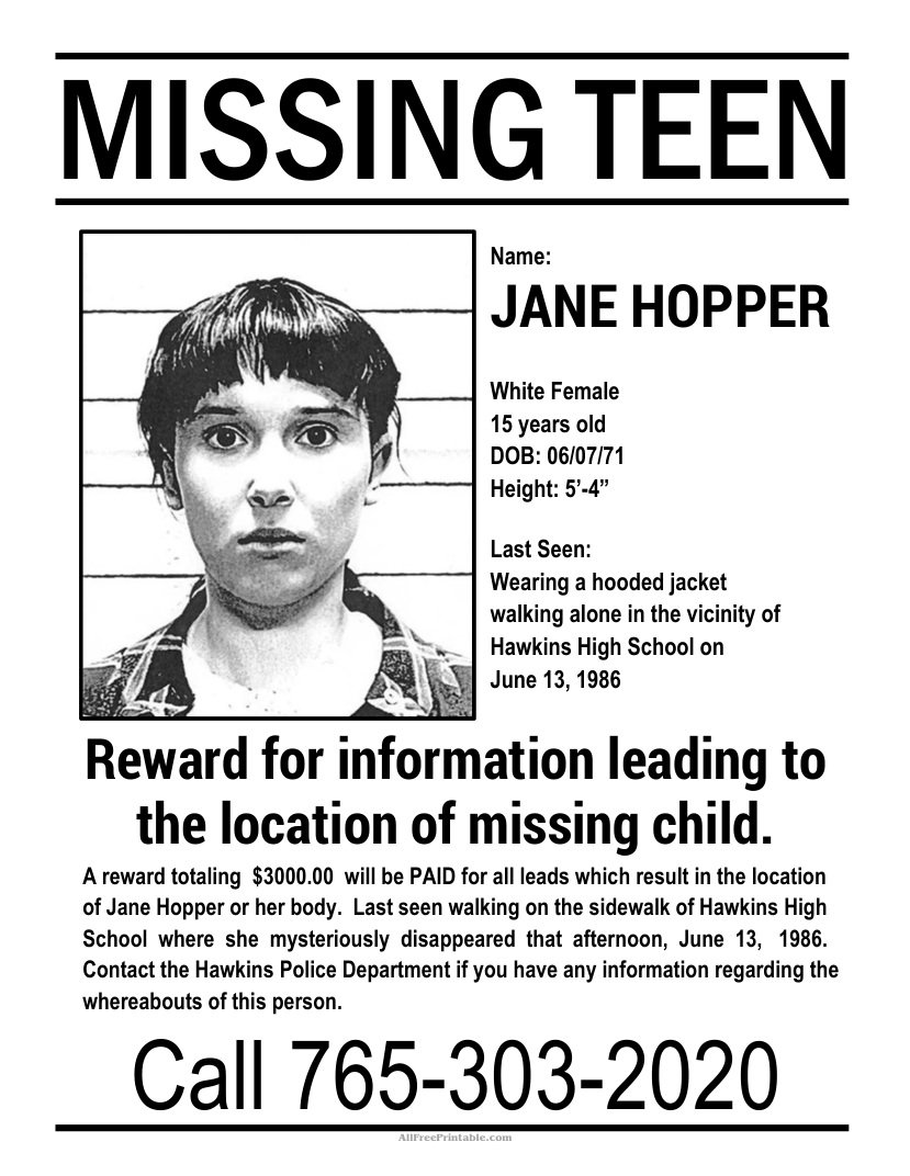 Free Printable Stranger Things Missing Eleven Poster