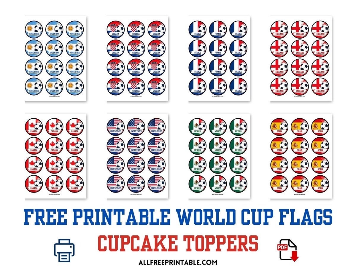 Free Printable World Cup Flags Soccer Cupcake Toppers Party Decorations