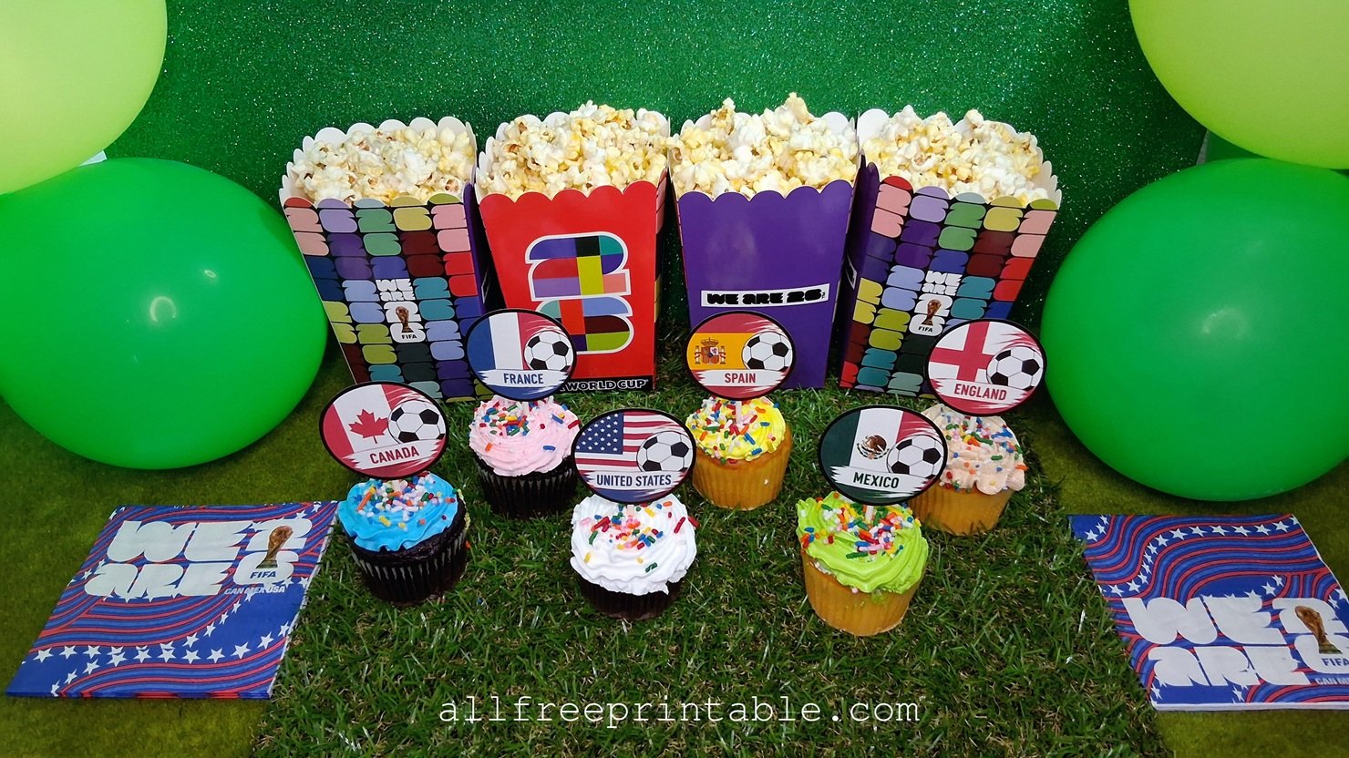 Soccer watch party cupcakes decorated with printable World Cup country flag cupcake toppers