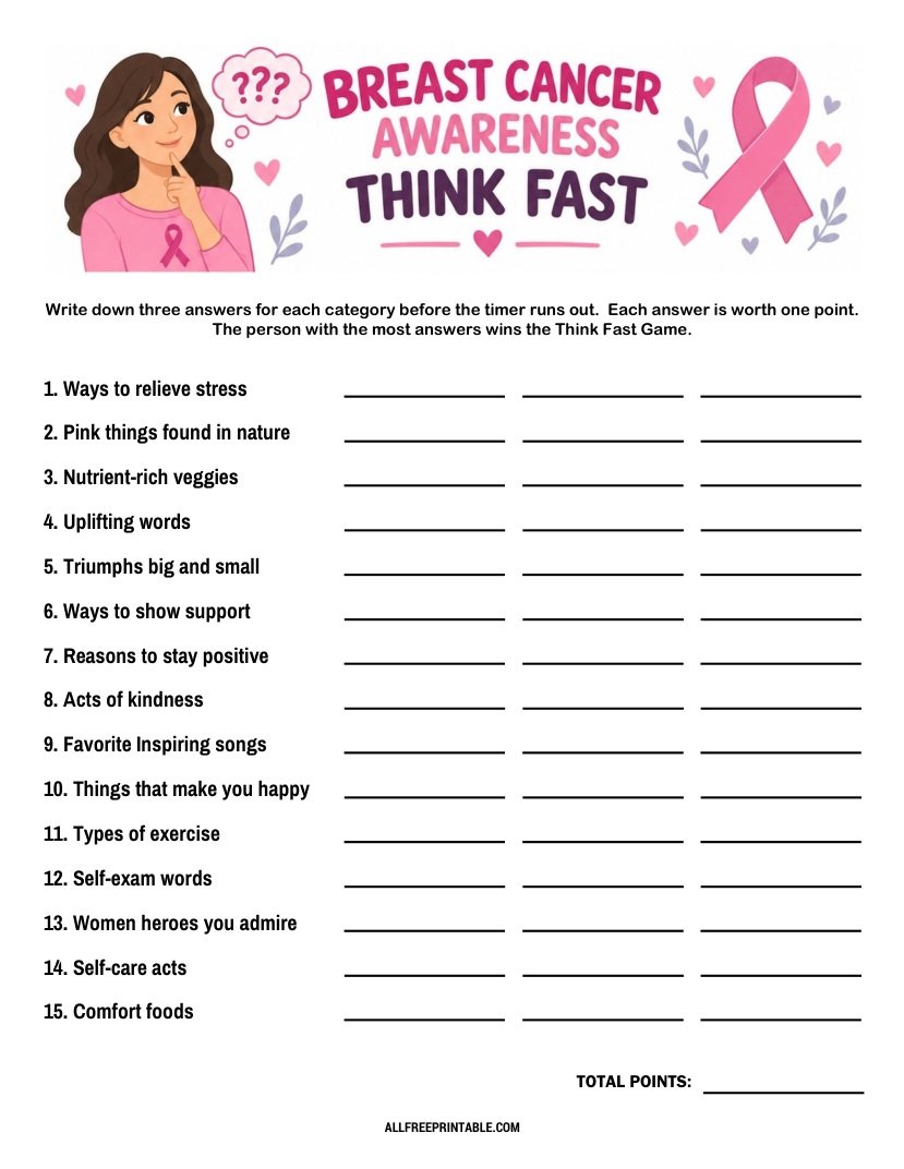 Free Printable Breast Cancer Awareness Think Fast Game PDF