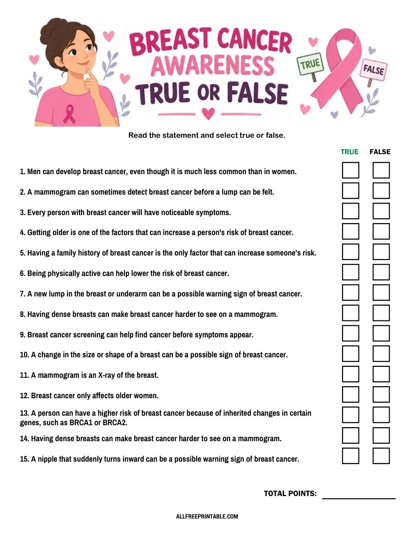 Free Printable Breast Cancer Awareness True or False Game PDF