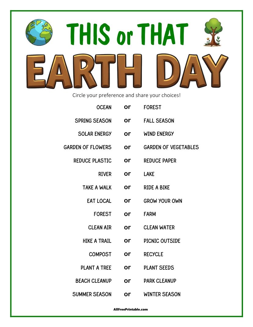 Free Printable This or That Earth Day Game PDF
