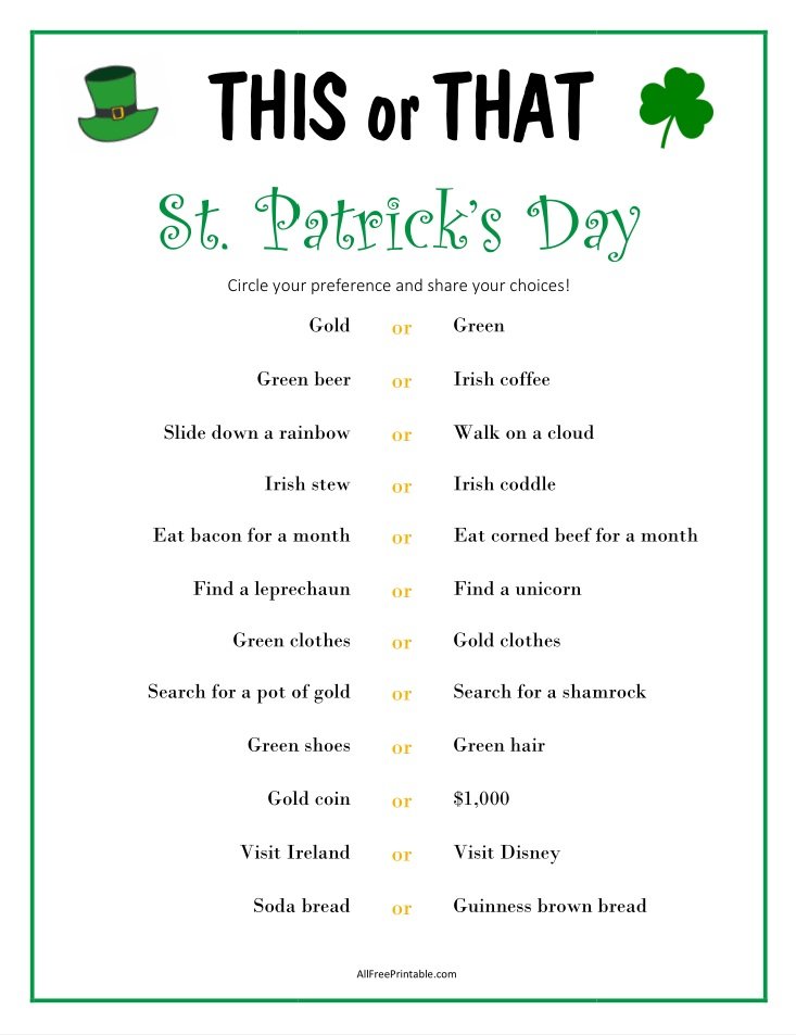 Free Printable This or That St. Patrick's Day Game