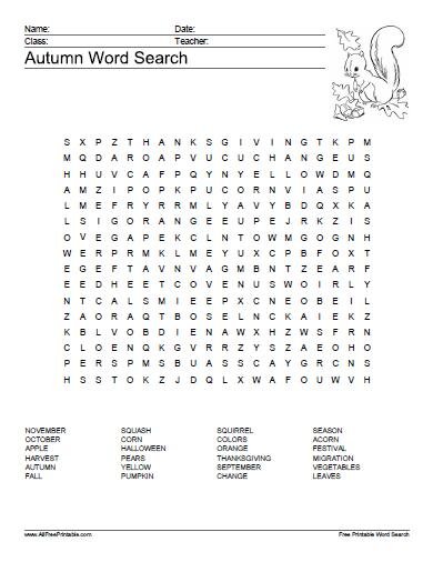Free Printable Autumn Word Search Puzzle