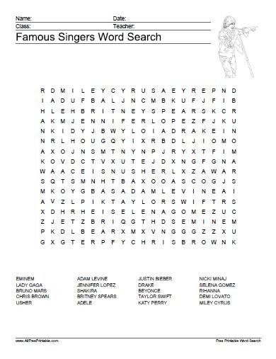 Free Printable Famous Singers Word Search Puzzle