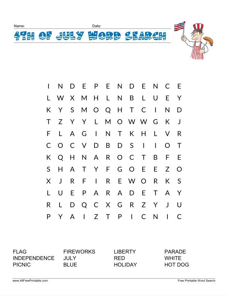 Free Printable 4th of July Word Search for Kids