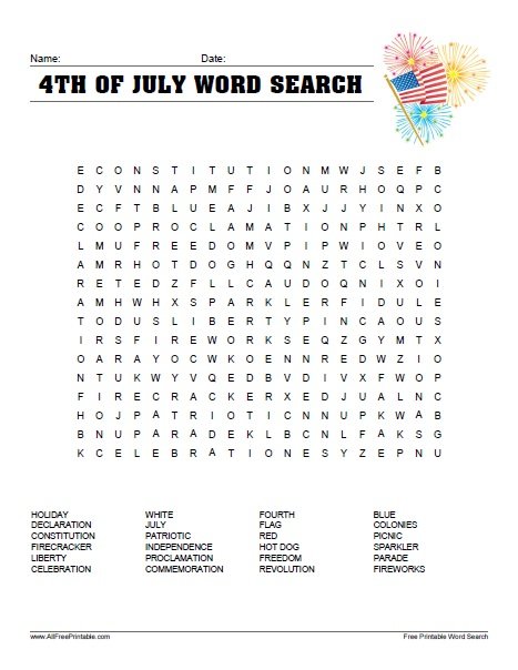 Free Printable 4th of July Word Search Puzzle