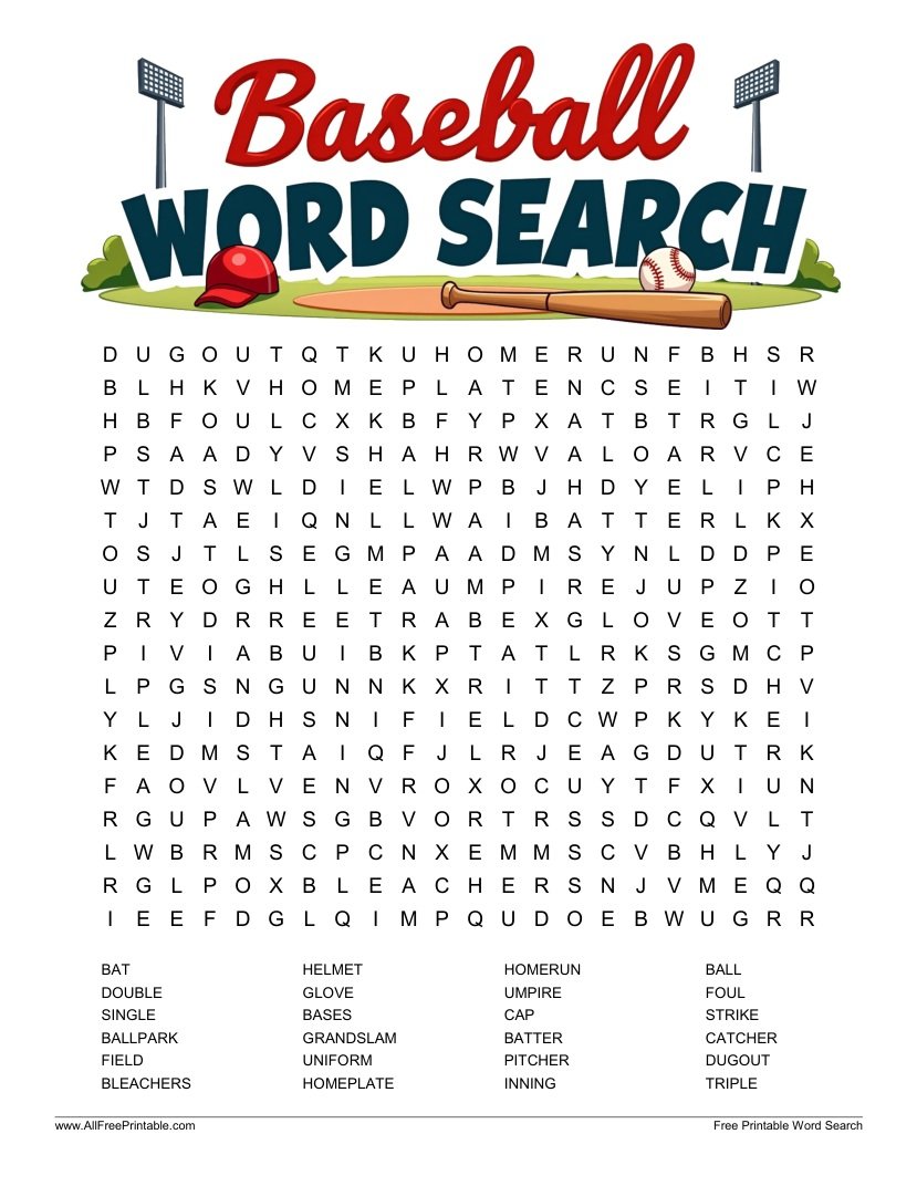 Free Printable Baseball Word Search Puzzle PDF