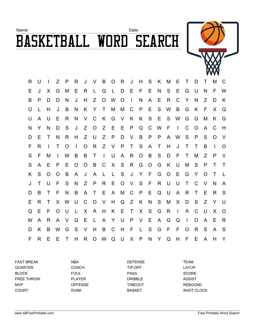 Free Printable Basketball Word Search