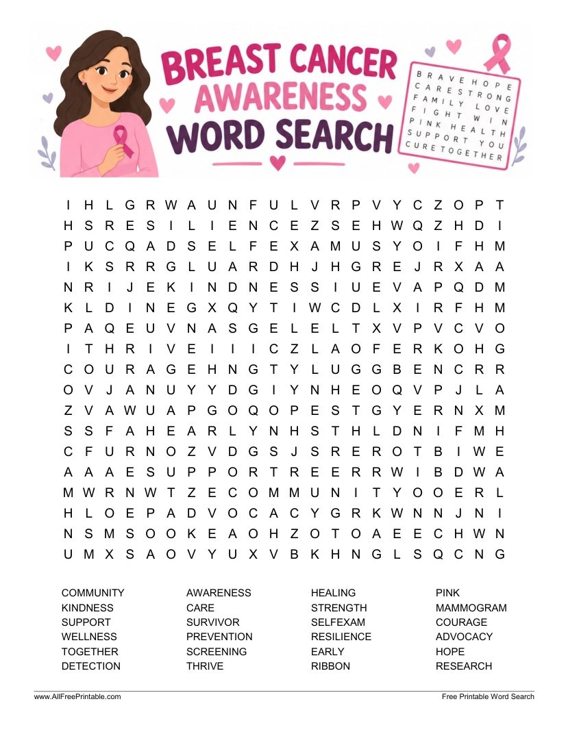 Free Printable Breast Cancer Awareness Word Search Puzzle PDF