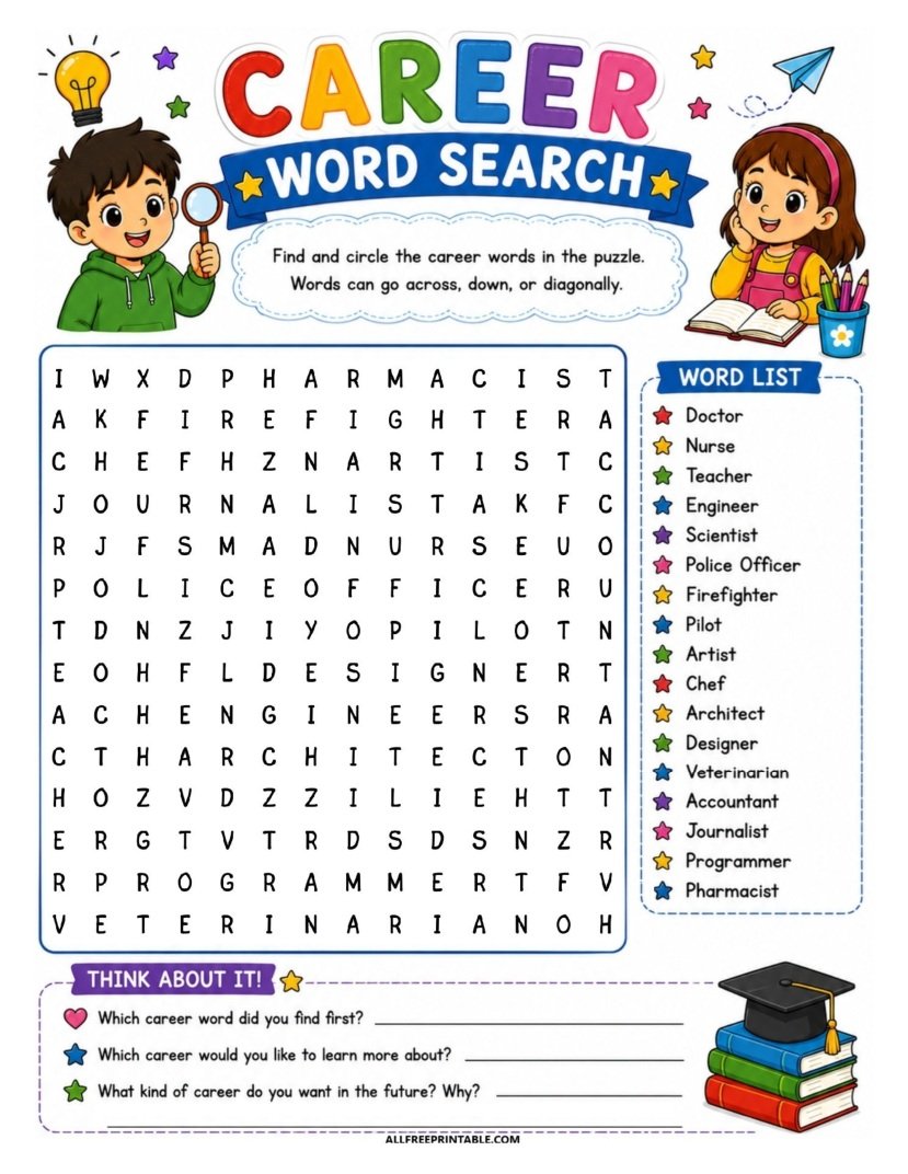 Free Printable Career Word Search for Kids PDF