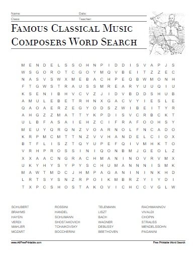 Free Printable Classical Music Composers Word Search
