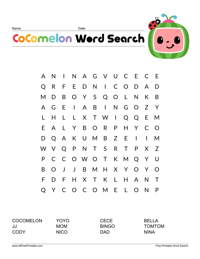 Free Printable CoComelon Word Search for Kids PDF
