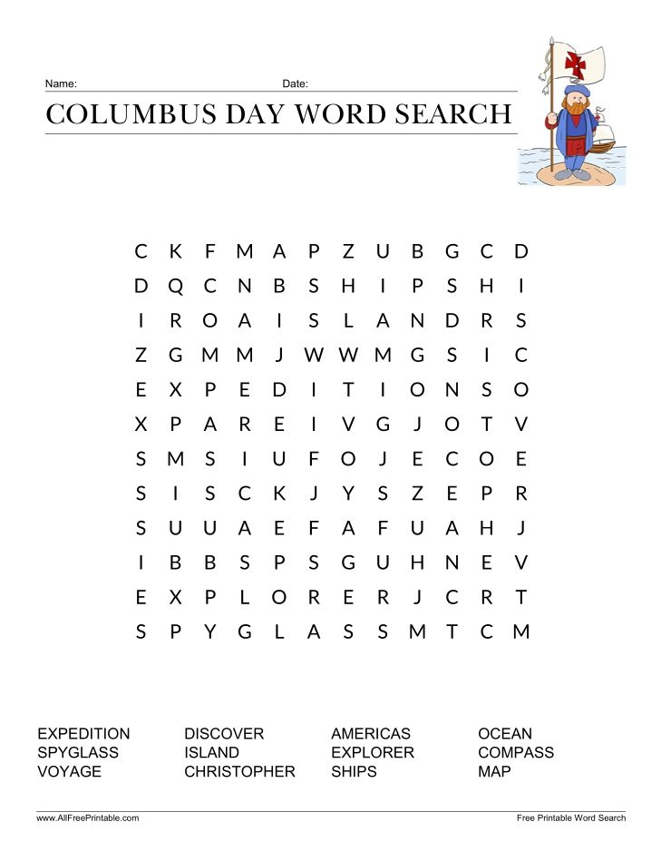 Free Printable Columbus Day Word Search for Kids