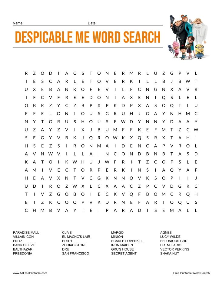 Free Printable Despicable Me Word Search Puzzle