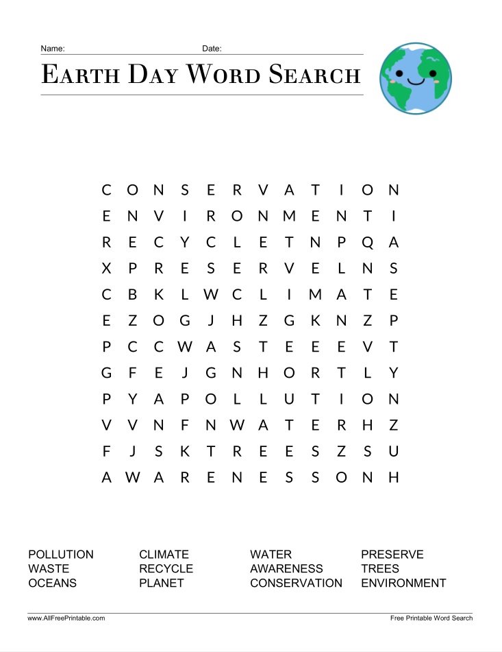 Earth Day Word Search for Kids