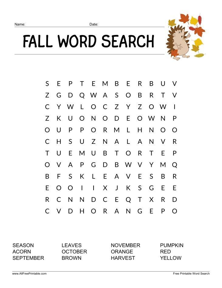 Free Printable Fall Word Search for Kids