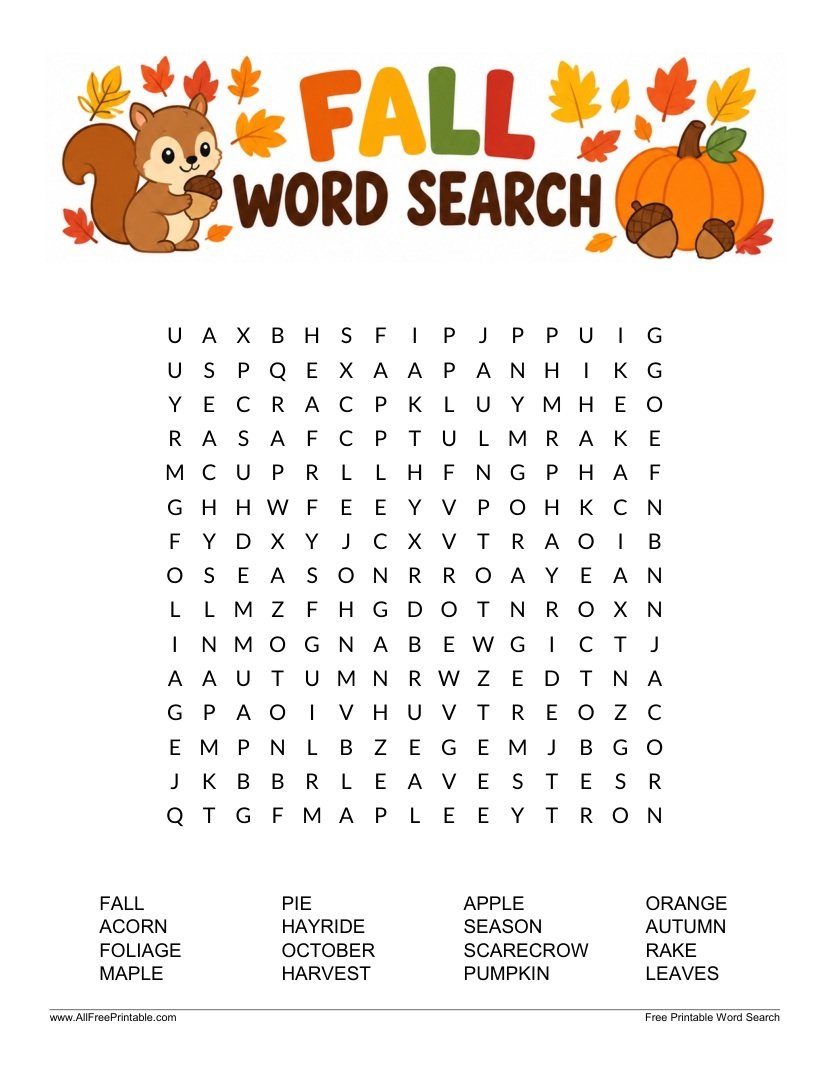 Free Printable Fall Word Search Puzzle for Kids PDF