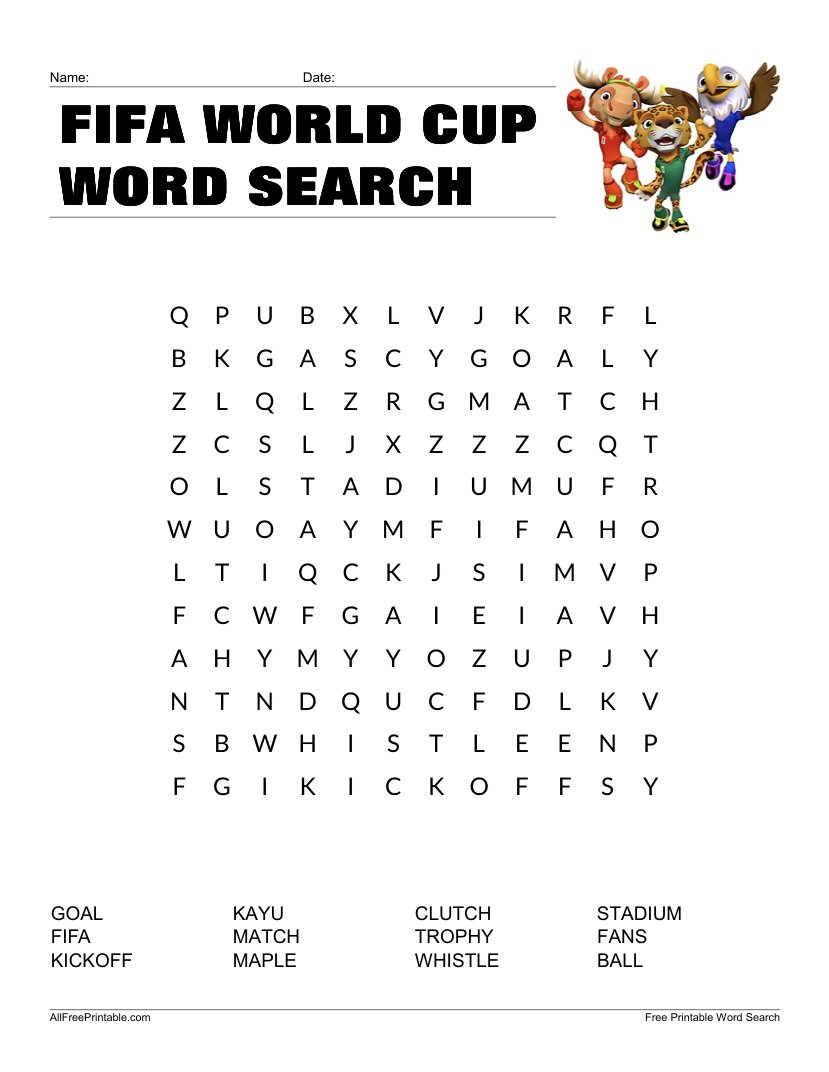 Free Printable FIFA World Cup Word Search for Kids PDF