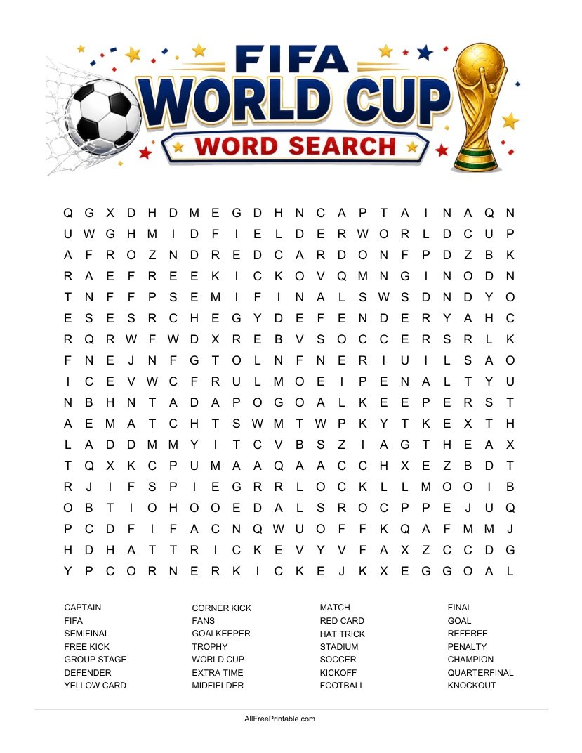 Free Printable FIFA World Cup Word Search PDF