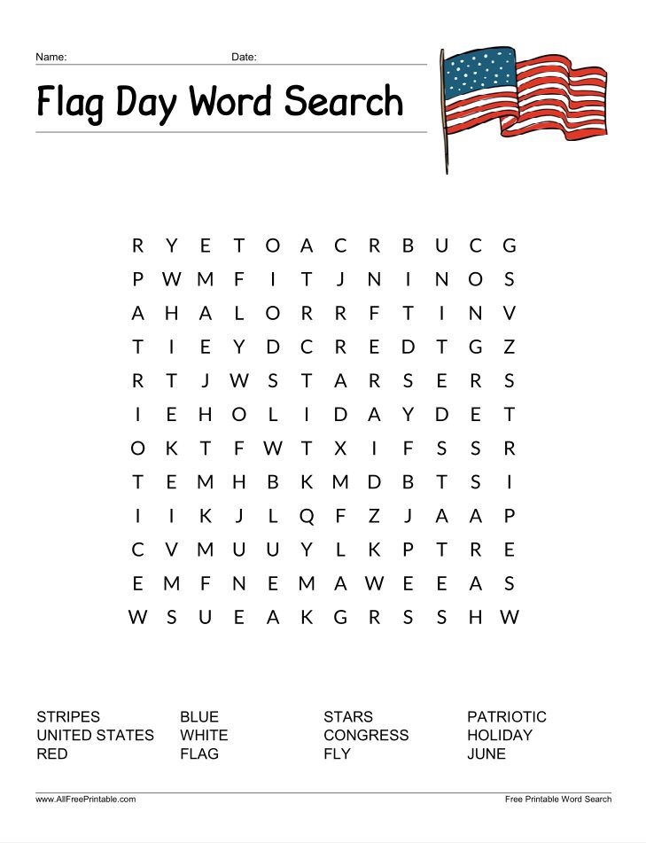 Free Printable Flag Day Word Search for Kids