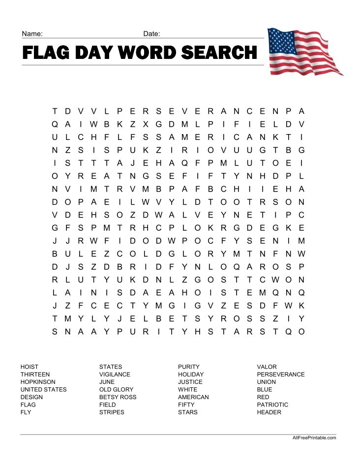 Free Printable Flag Day Word Search Puzzle