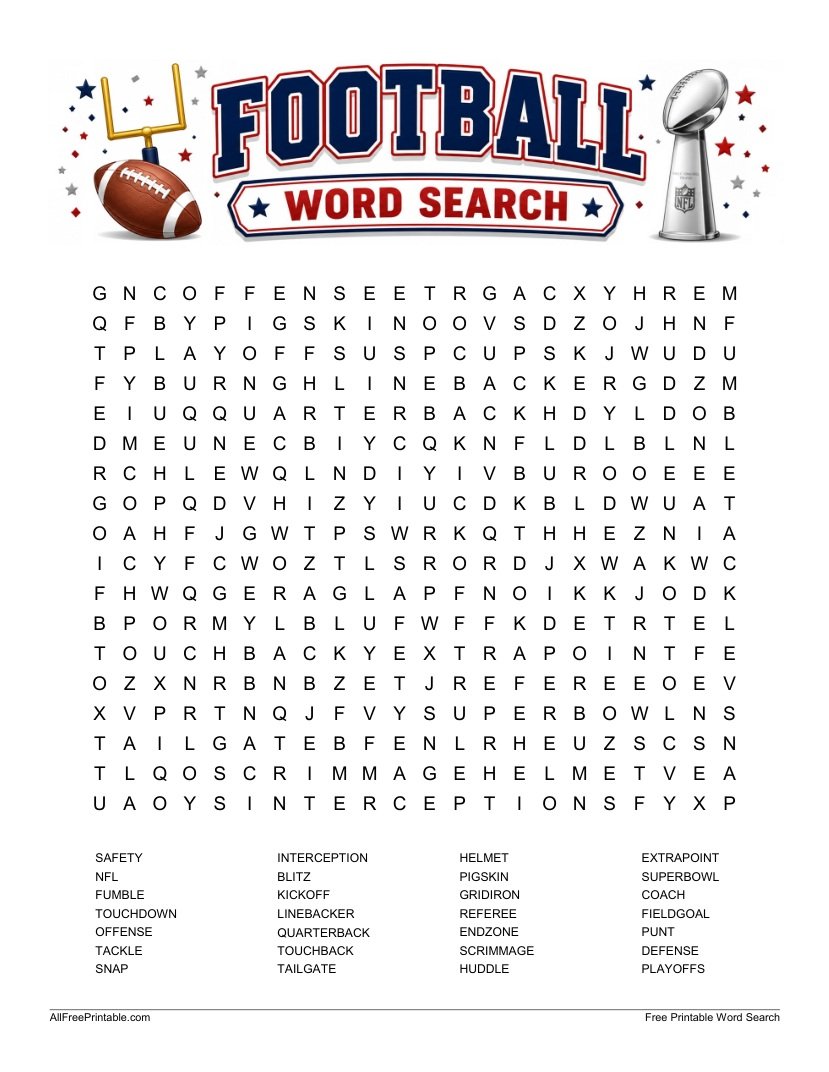 Free Printable Football Word Search Puzzle PDF