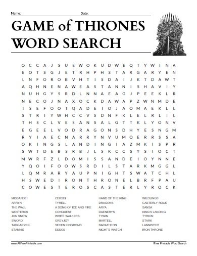 Free Printable Game of Thrones Word Search