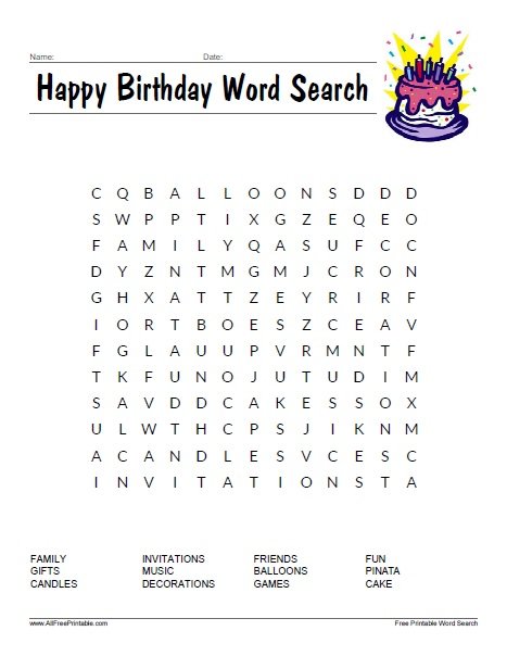 Happy Birthday Word Search – Free Printable