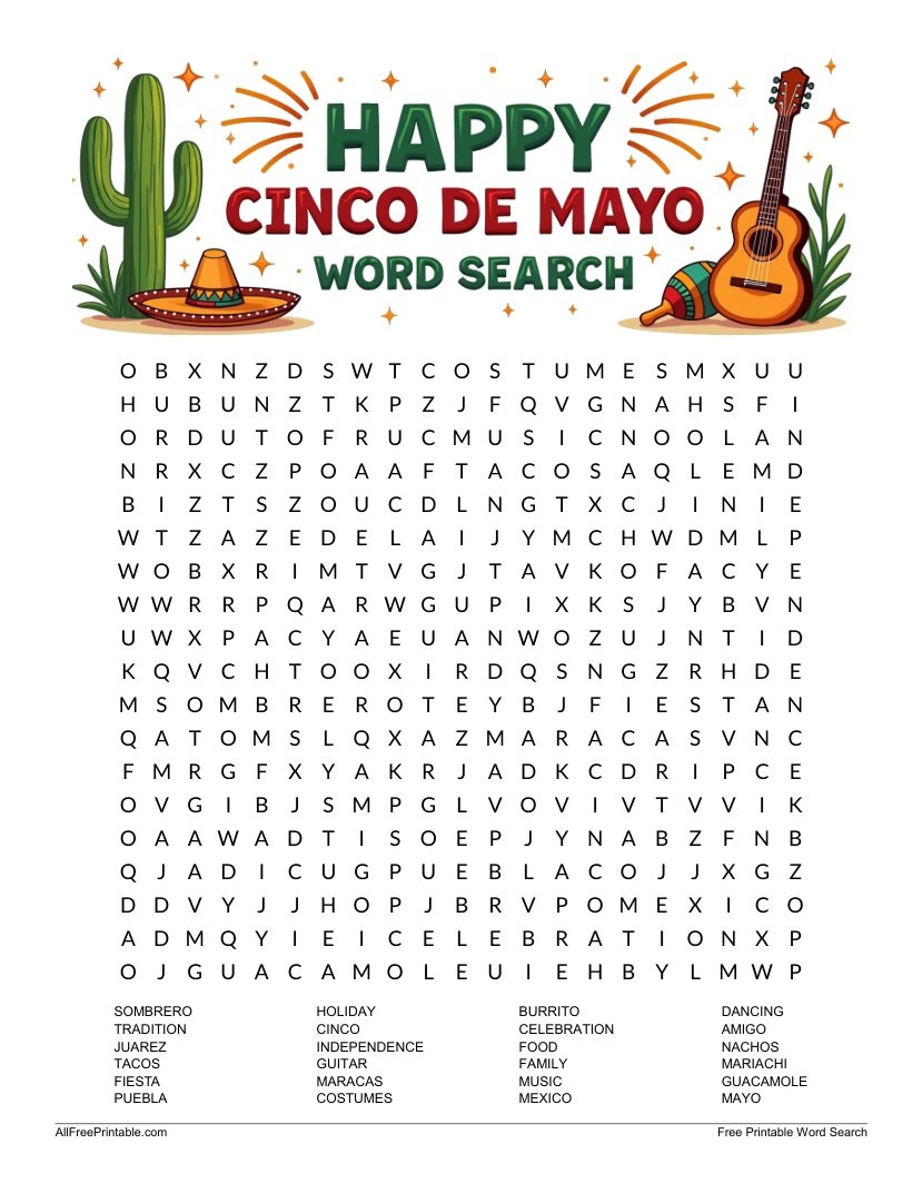 Free Printable Happy Cinco de Mayo Word Search PDF
