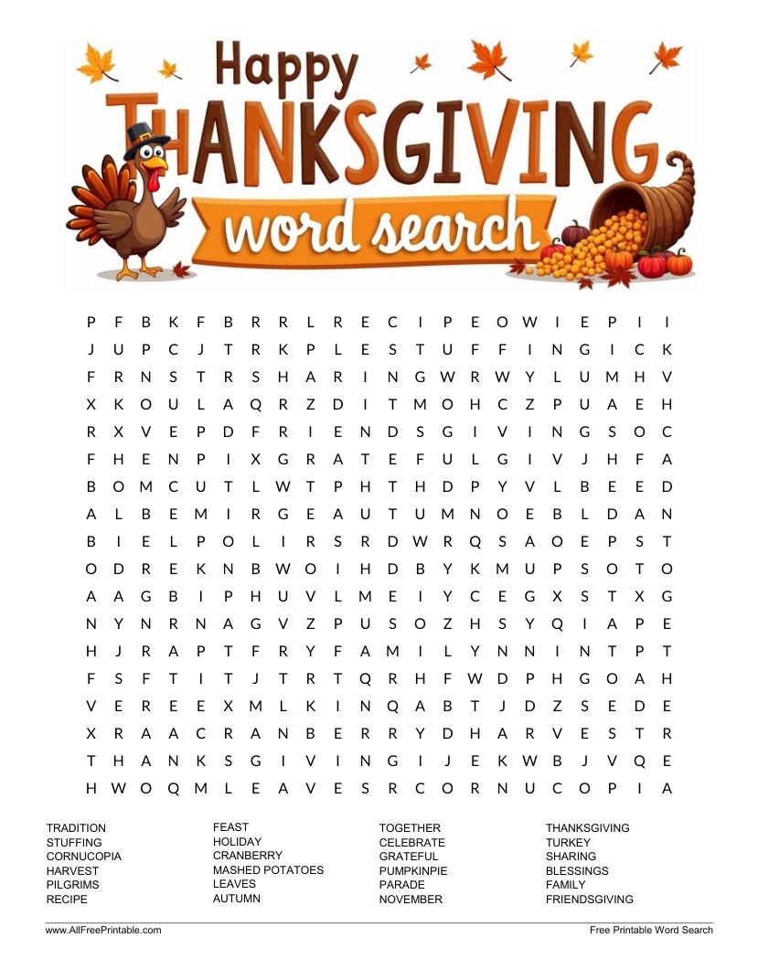 Free Printable Happy Thanksgiving Word Search