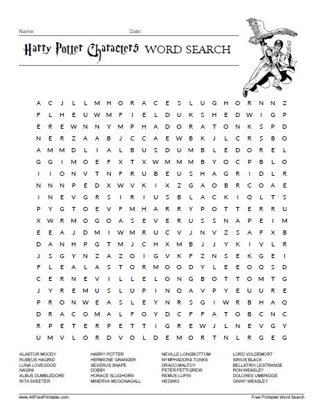 Free Printable Harry Potter Characters Word Search