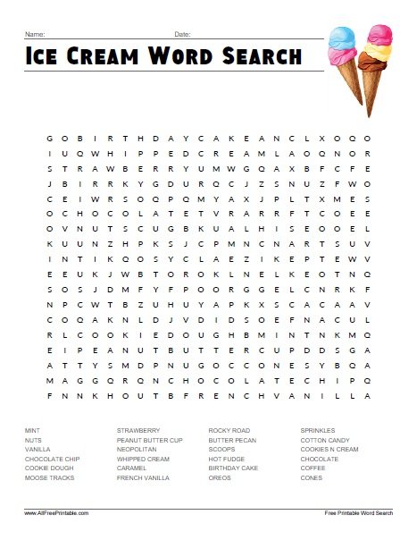 Free Printable Ice Cream Word Search