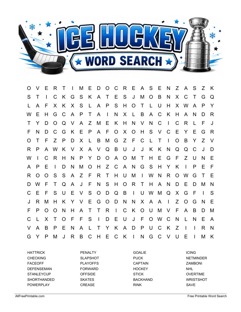 Free Printable Ice Hockey Word Search Puzzle