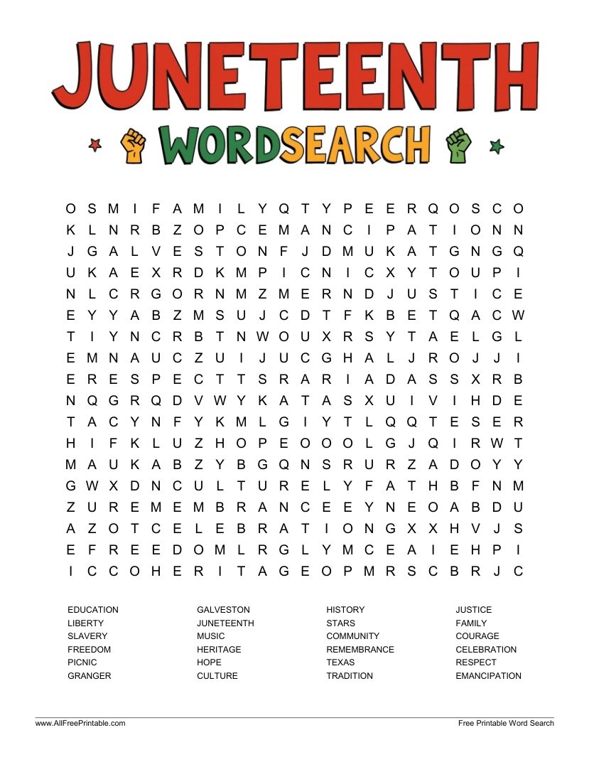 Free Printable Juneteenth Word Search Puzzle PDF