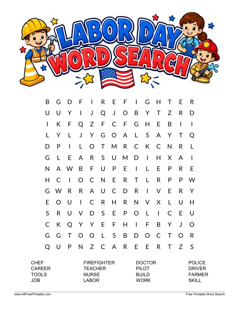 Free Printable Labor Day Word Search for Kids PDF